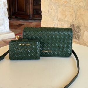 Michael Kors Dark Green Woven Crossbody Bag and Wallet